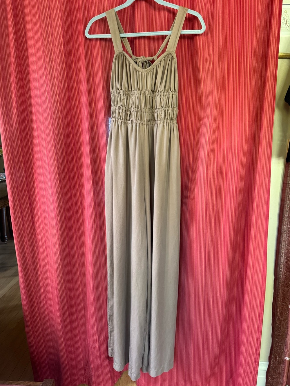 Anthropologie Maronie Tan Smocked Maxi Wide Leg Jumpsuit Tencel Size Small